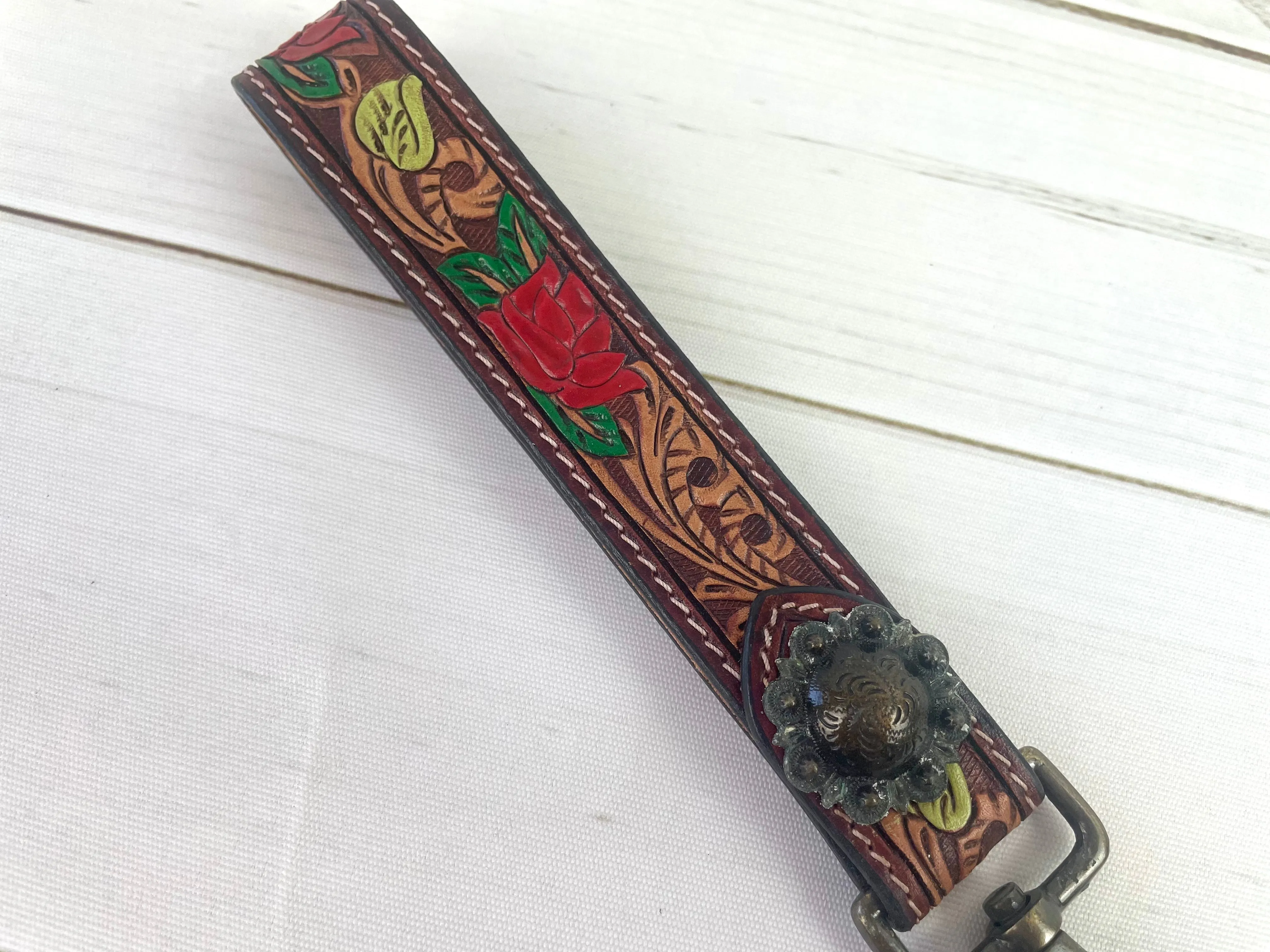 Rose Tooled Wristlet Leather Keychain