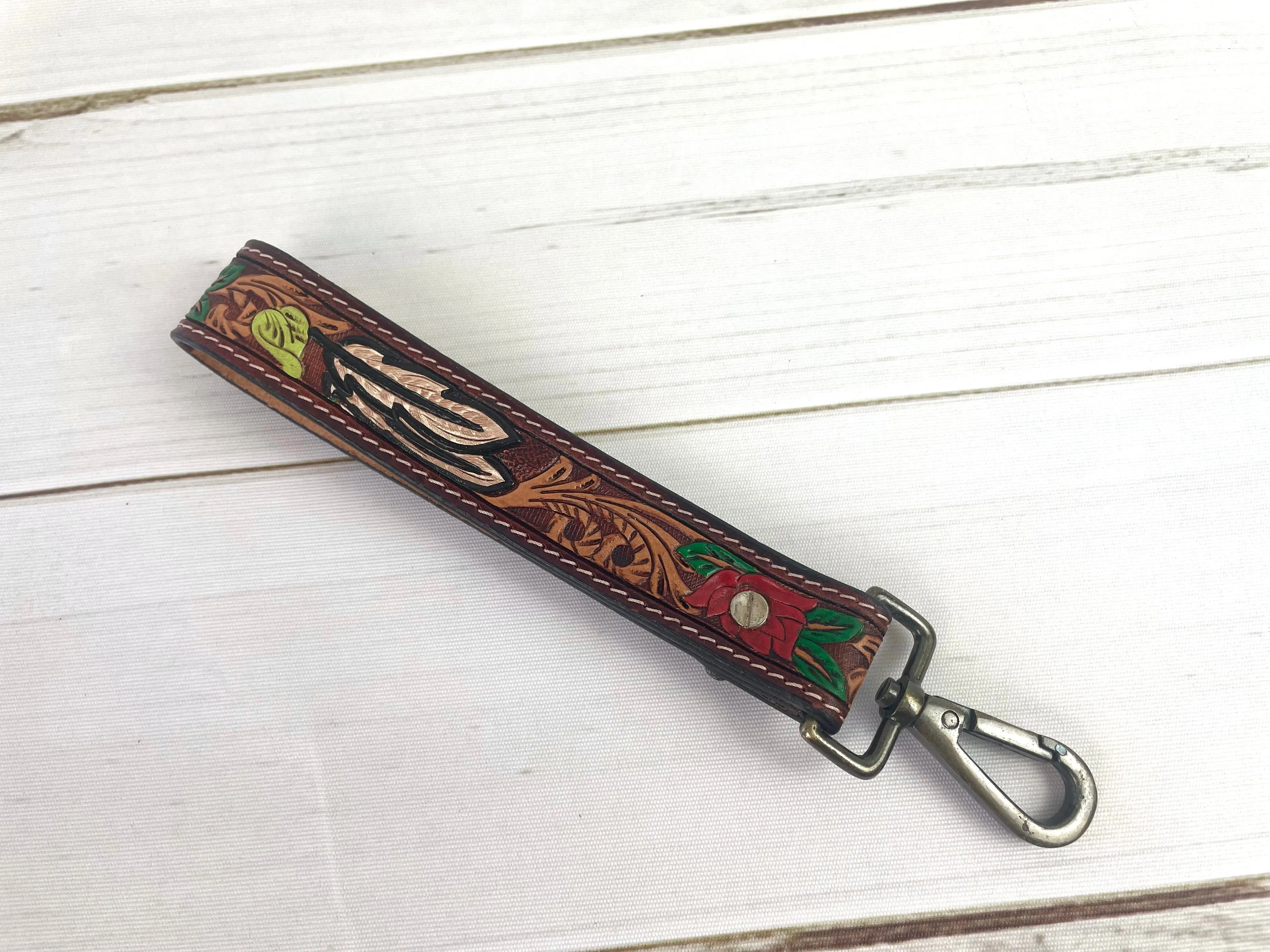 Rose Tooled Wristlet Leather Keychain