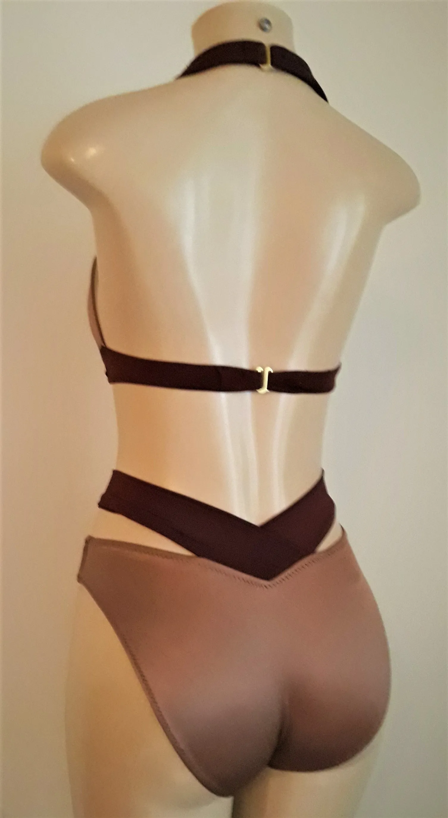 Seam halter bikini top and strappy high waist bikini bottom