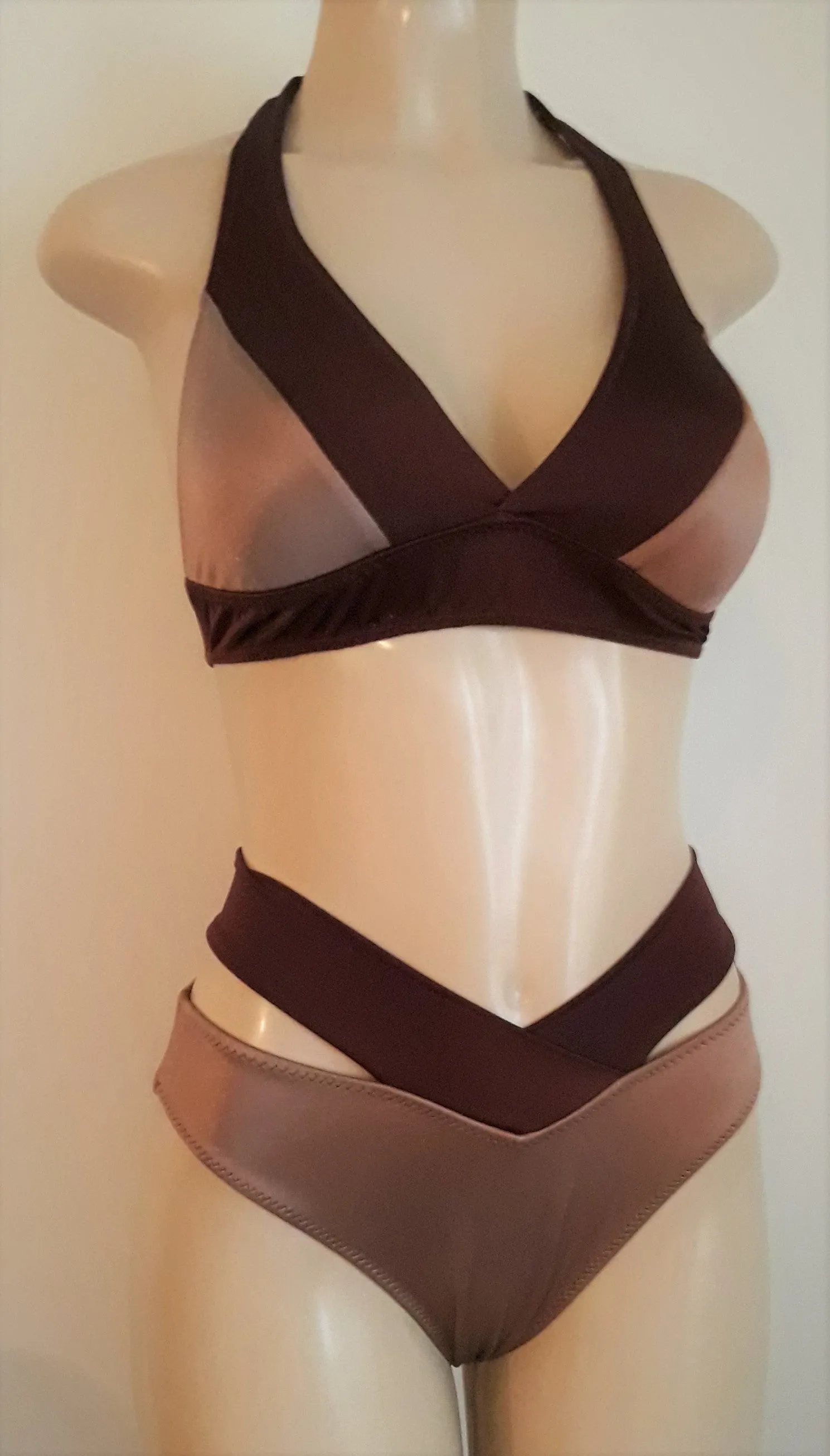 Seam halter bikini top and strappy high waist bikini bottom