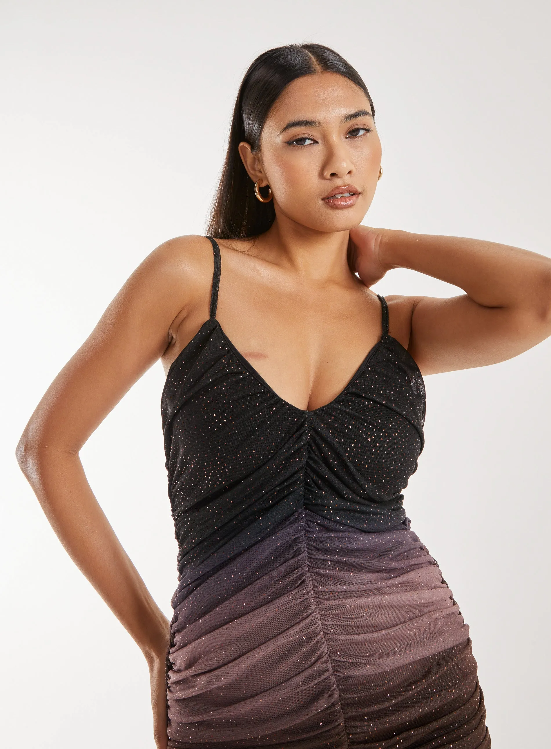 Strappy Ruched Sparkle Ombre Mini Dress