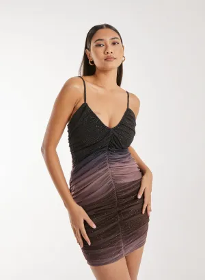 Strappy Ruched Sparkle Ombre Mini Dress