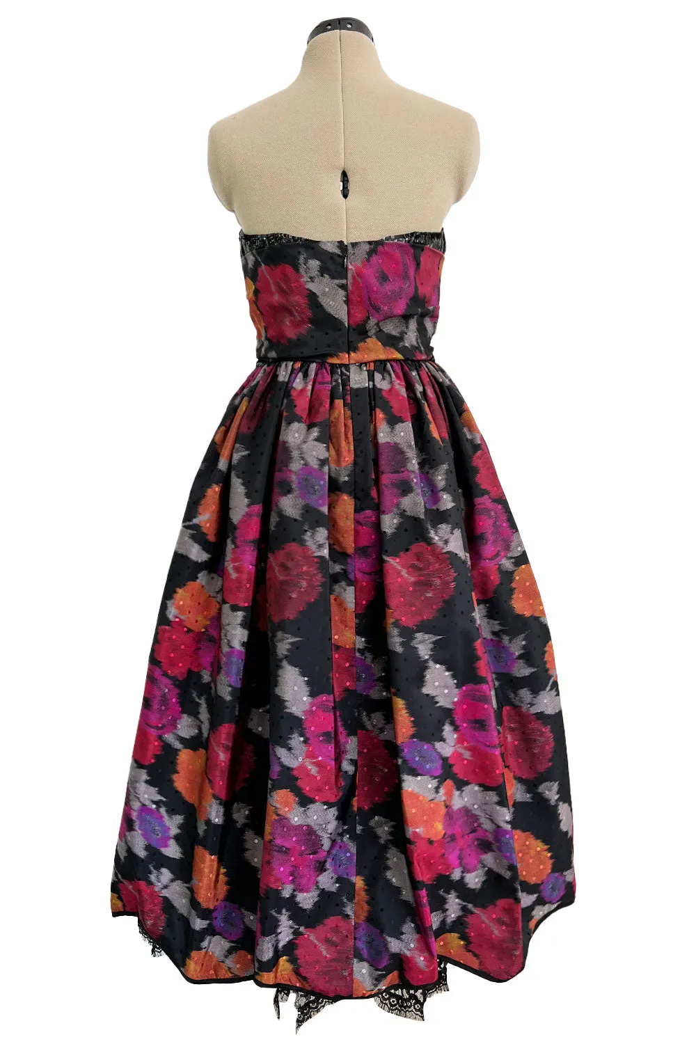 Stunning c 1990 Geoffrey Beene Strapless Sequin Bodice & Floral Silk Taffeta Dress w Shawl