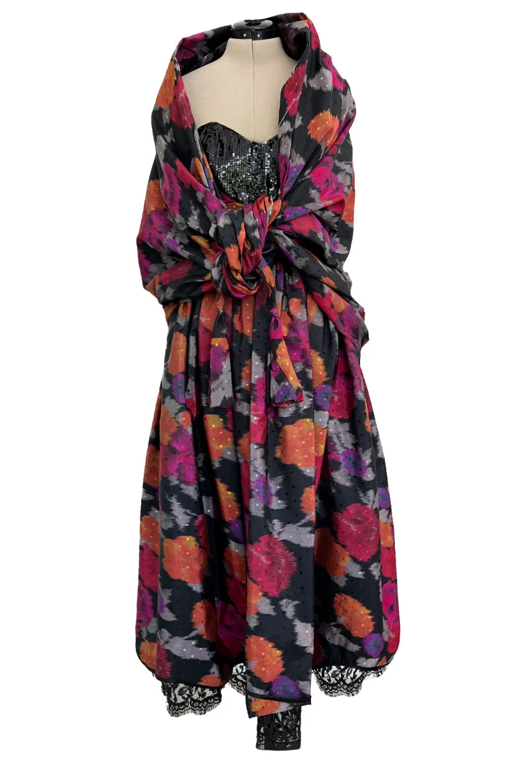 Stunning c 1990 Geoffrey Beene Strapless Sequin Bodice & Floral Silk Taffeta Dress w Shawl