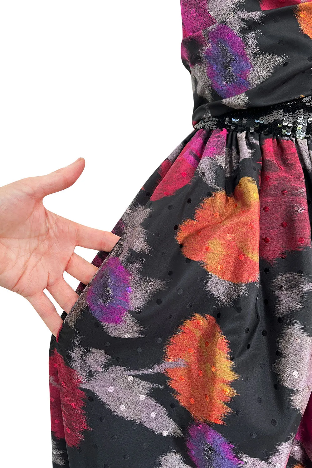 Stunning c 1990 Geoffrey Beene Strapless Sequin Bodice & Floral Silk Taffeta Dress w Shawl