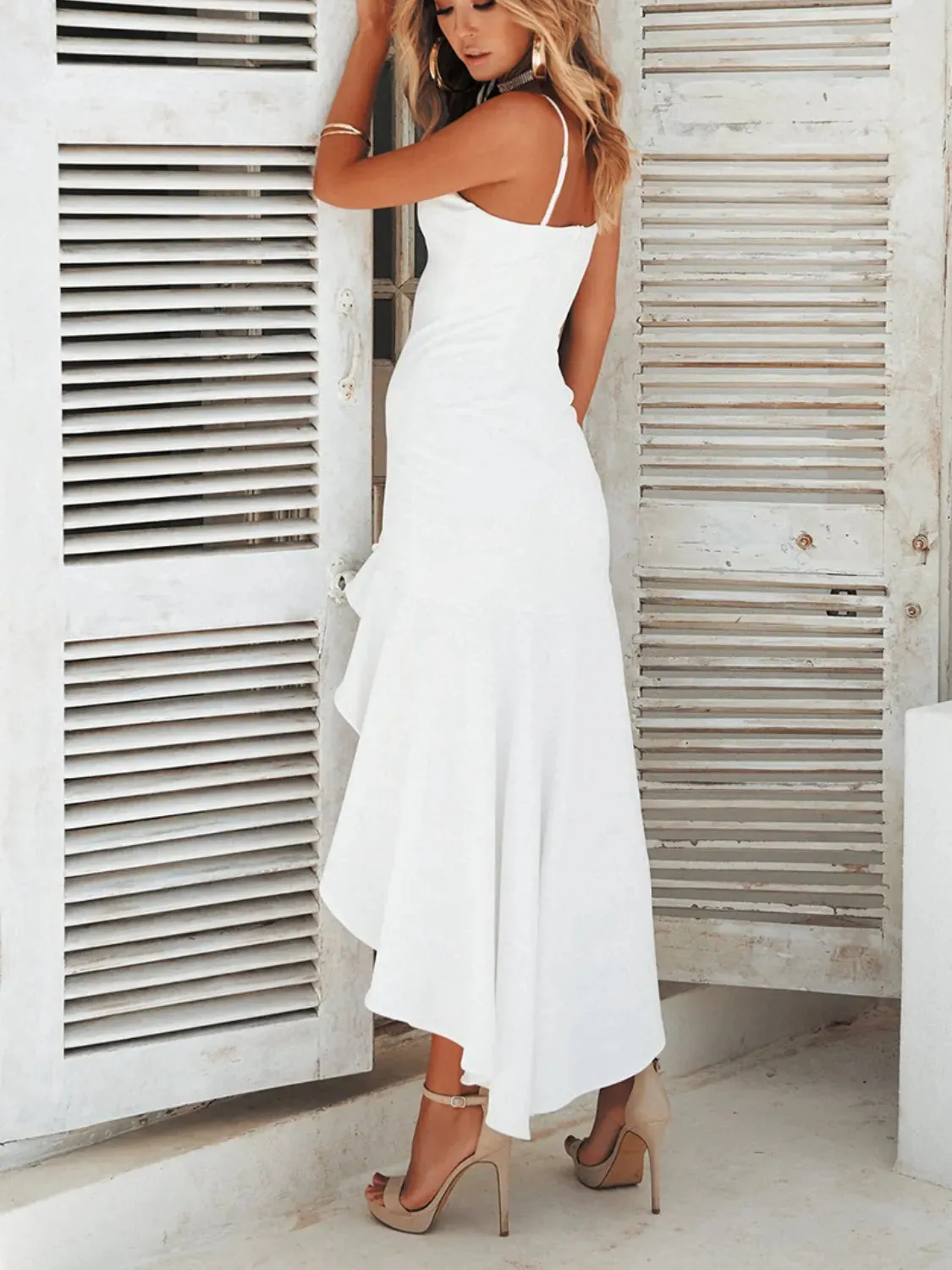 Sweet Sunset Ruffle Cami Dress – High-Low Midi with Slit Detail