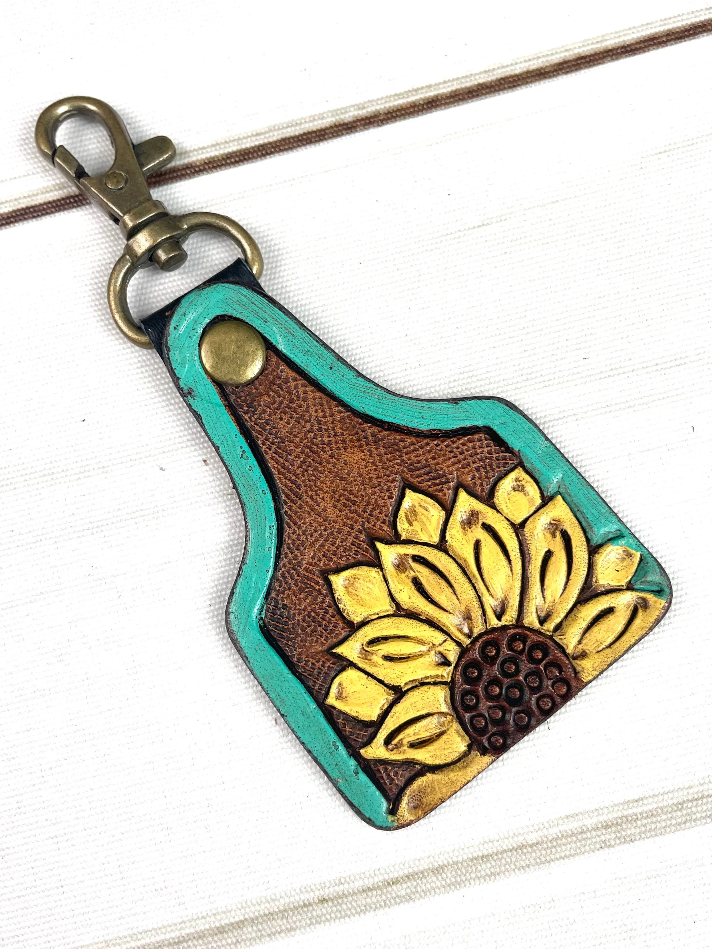 Teal Border Sunflower Leather Key Tag