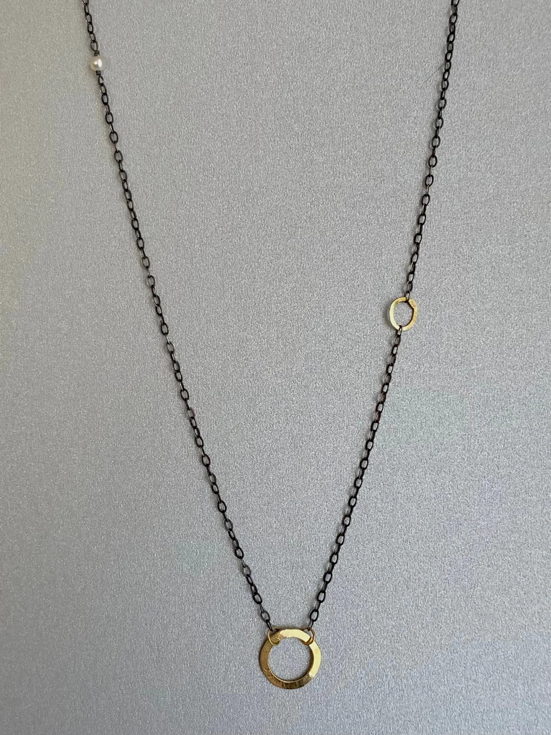 The Delicate Double Circle Necklace, Oxidized Silver & 18k Gold