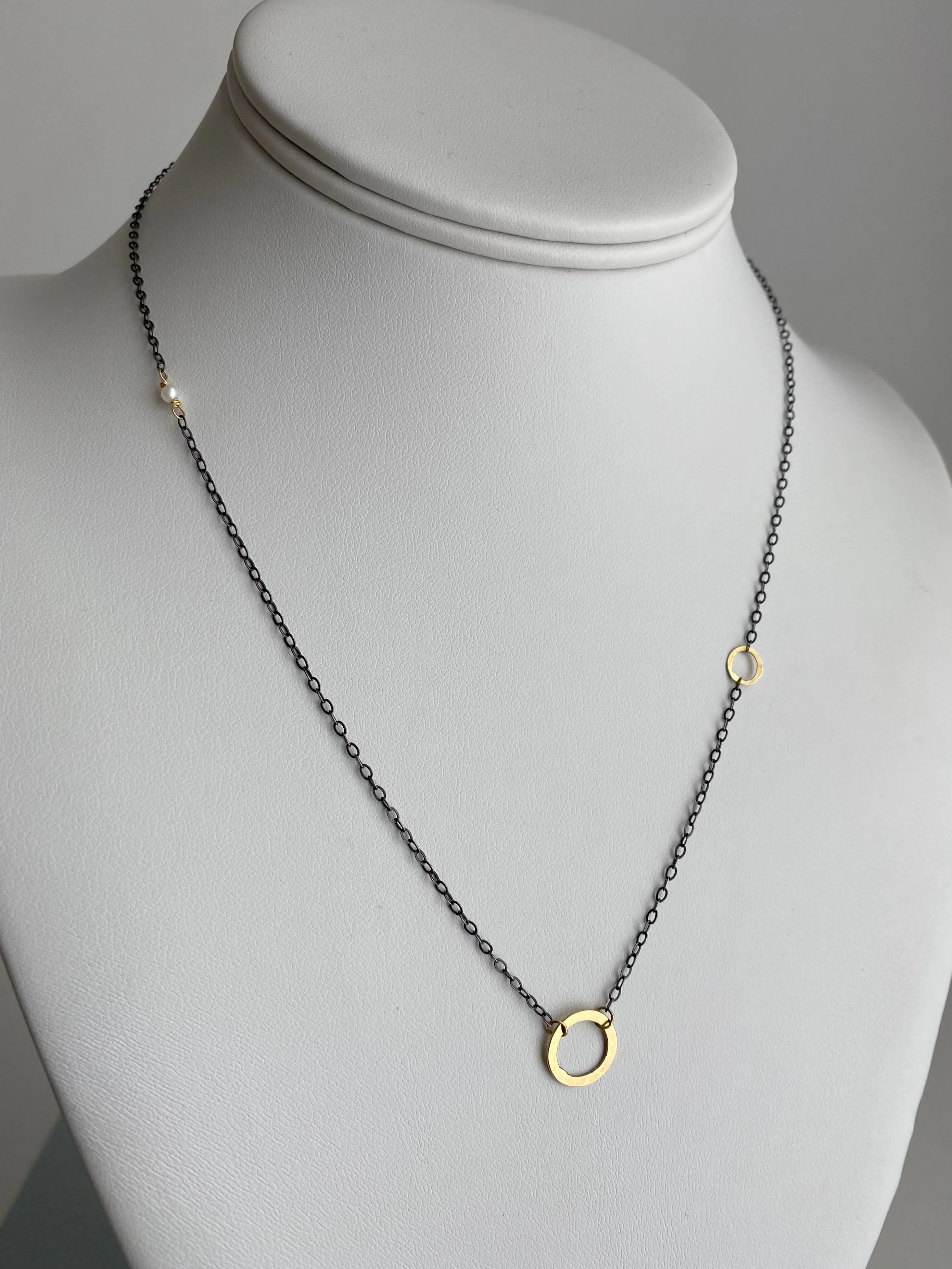 The Delicate Double Circle Necklace, Oxidized Silver & 18k Gold
