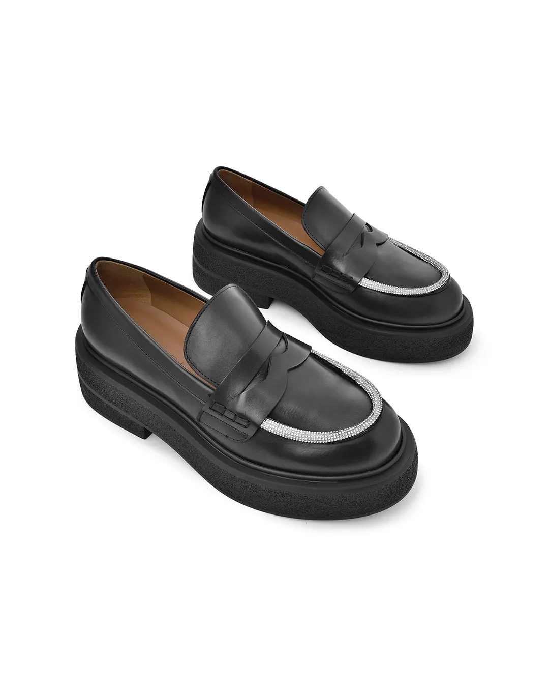 Tomi Strass Black Leather Chunky Loafers