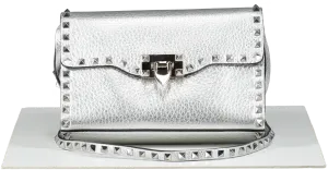 Valentino Garavani Metallic pebbled leather Rockstud Flip Lock Flap Bag Silver