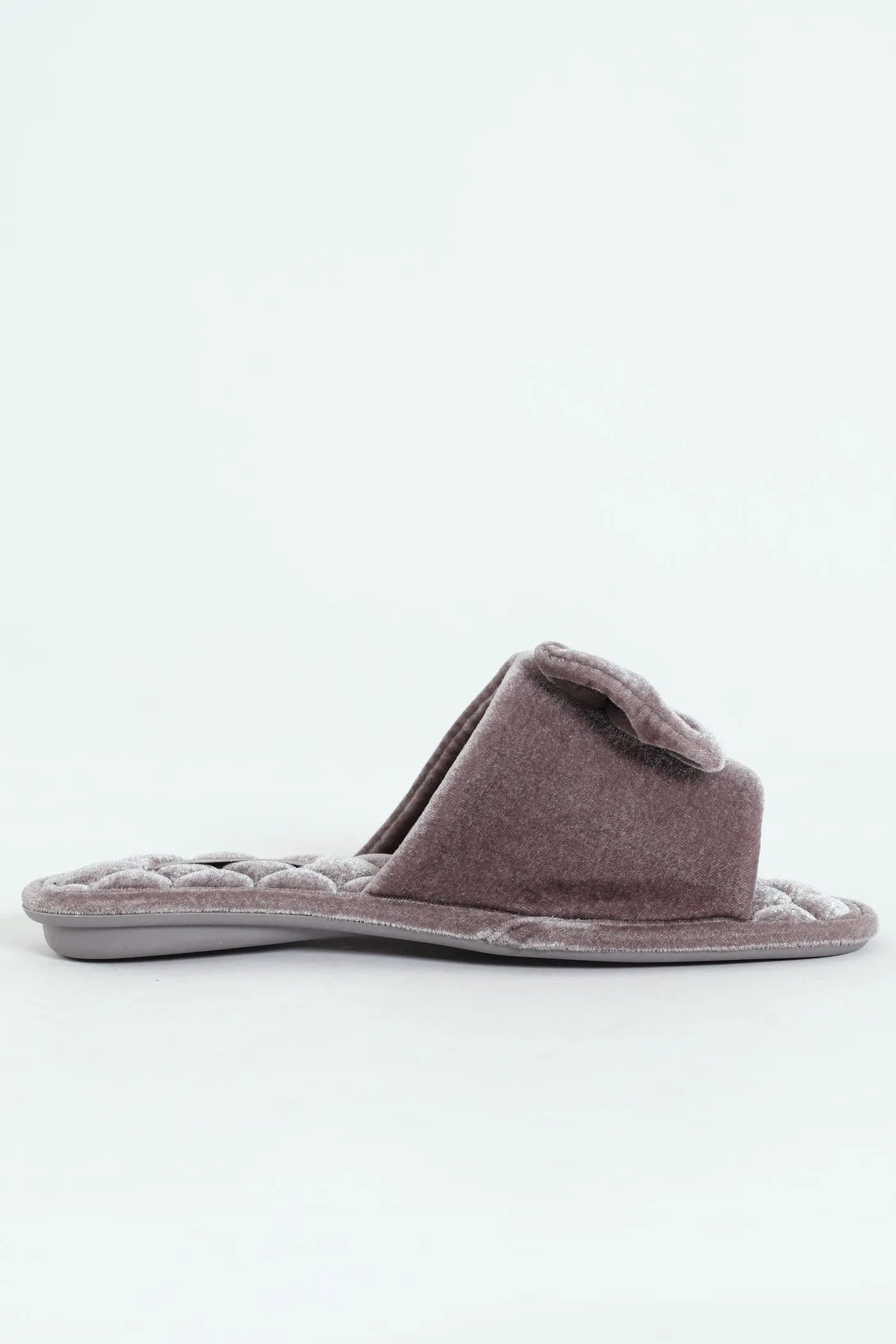 Velour Open Toe Slipper With Bow Detail - Grey