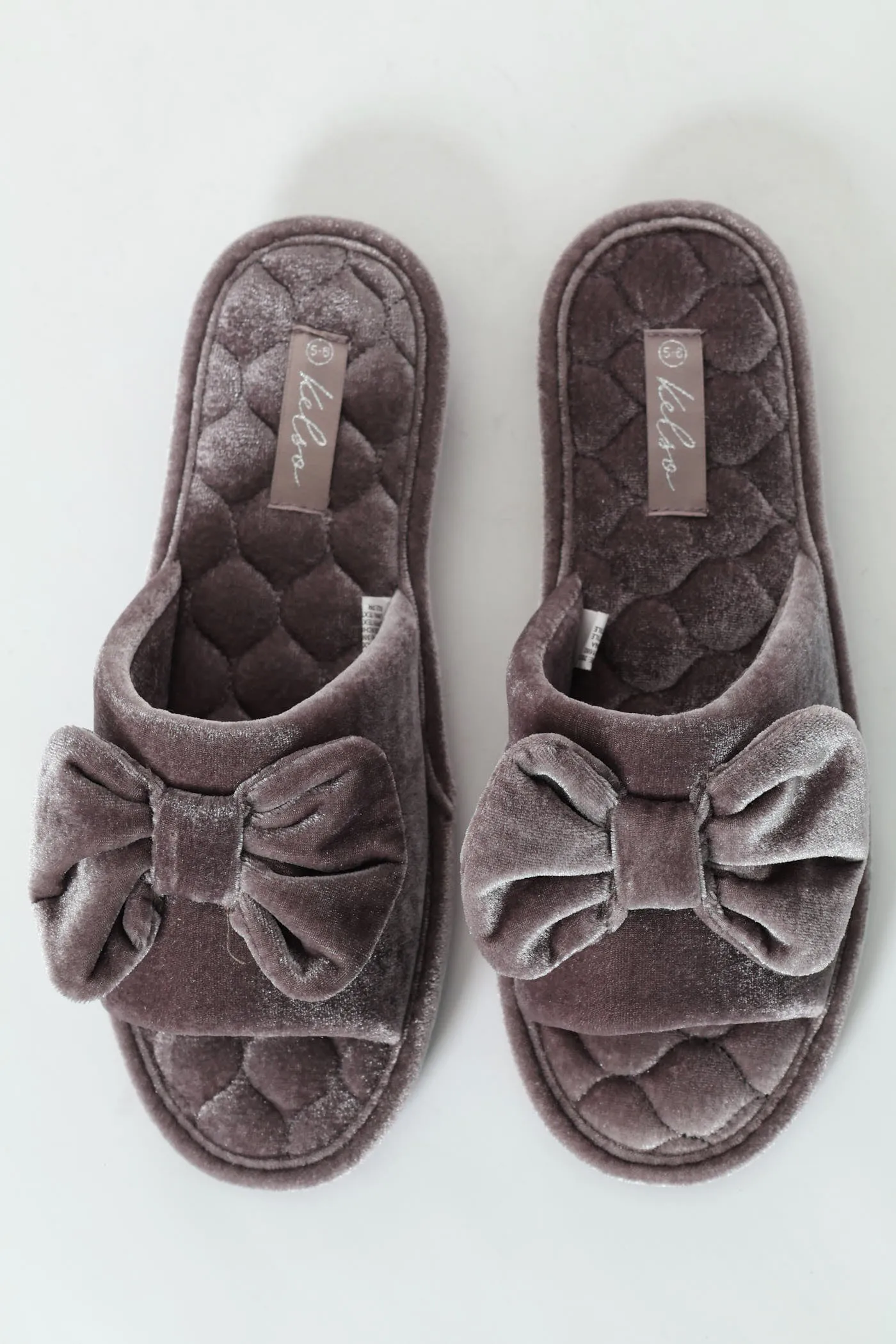Velour Open Toe Slipper With Bow Detail - Grey