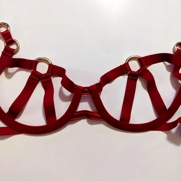 Victoria's Secret Very Sexy Red Unlined Balconette Bra Cage Gold Rings Size XS