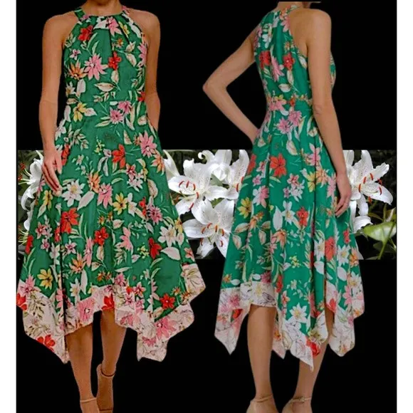 Vince Camuto Floral-Print Handkerchief-Hem Dress Size: S