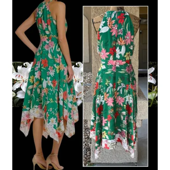 Vince Camuto Floral-Print Handkerchief-Hem Dress Size: S