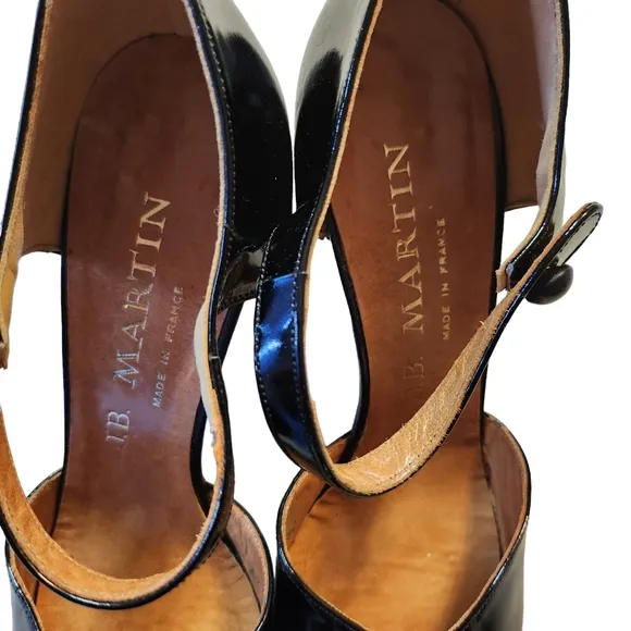 Vintage J.B.Martin Jamaique Black Leather Open Toe Button Closure Size 8N
