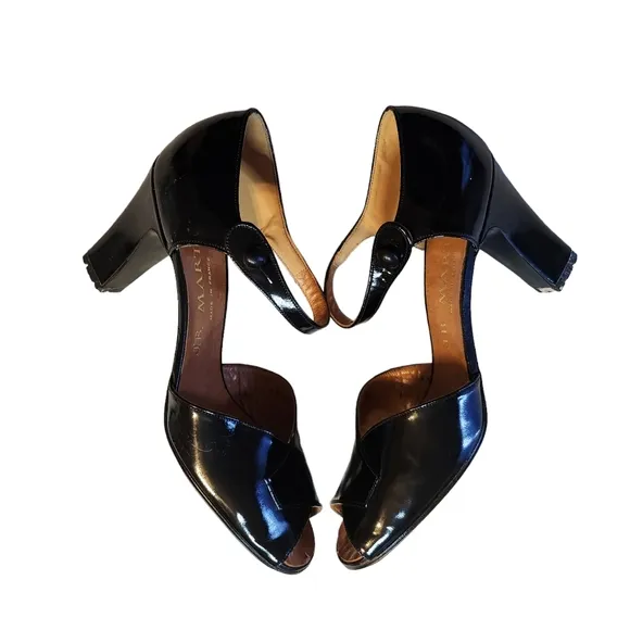 Vintage J.B.Martin Jamaique Black Leather Open Toe Button Closure Size 8N