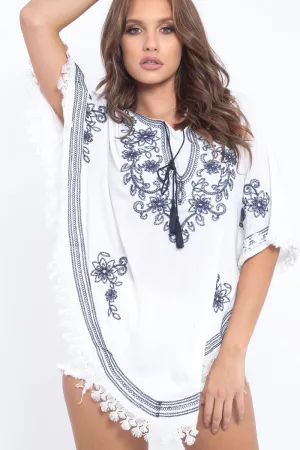 White Embroidered Diamante Shape Kaftan - Kay