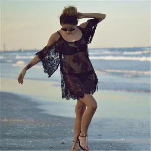 Women Beach Dress Sexy Strap Sheer Floral Lace Embroidered Crochet Summer Dresses Hippie Boho Dress Vestidos Beach Wear