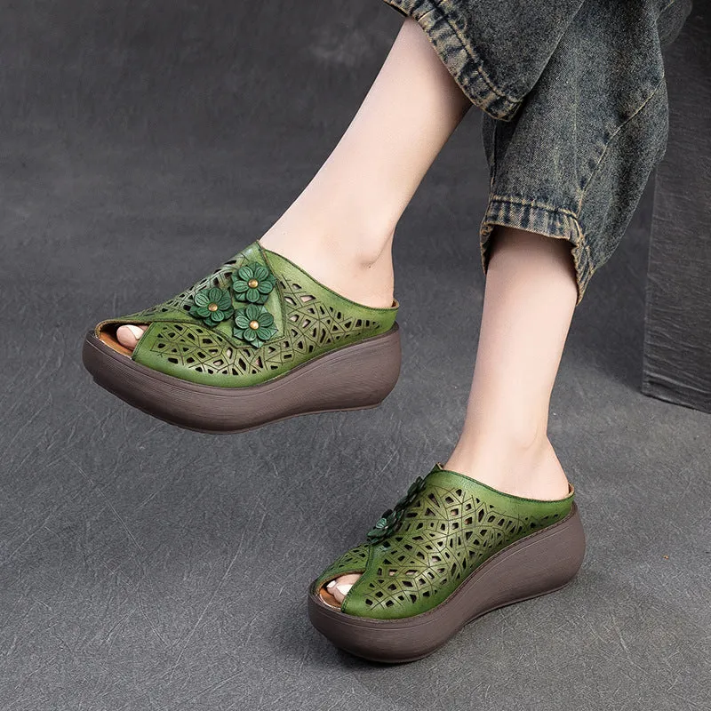Women Peep Toe Hollow-out Leather Wedge Slippers