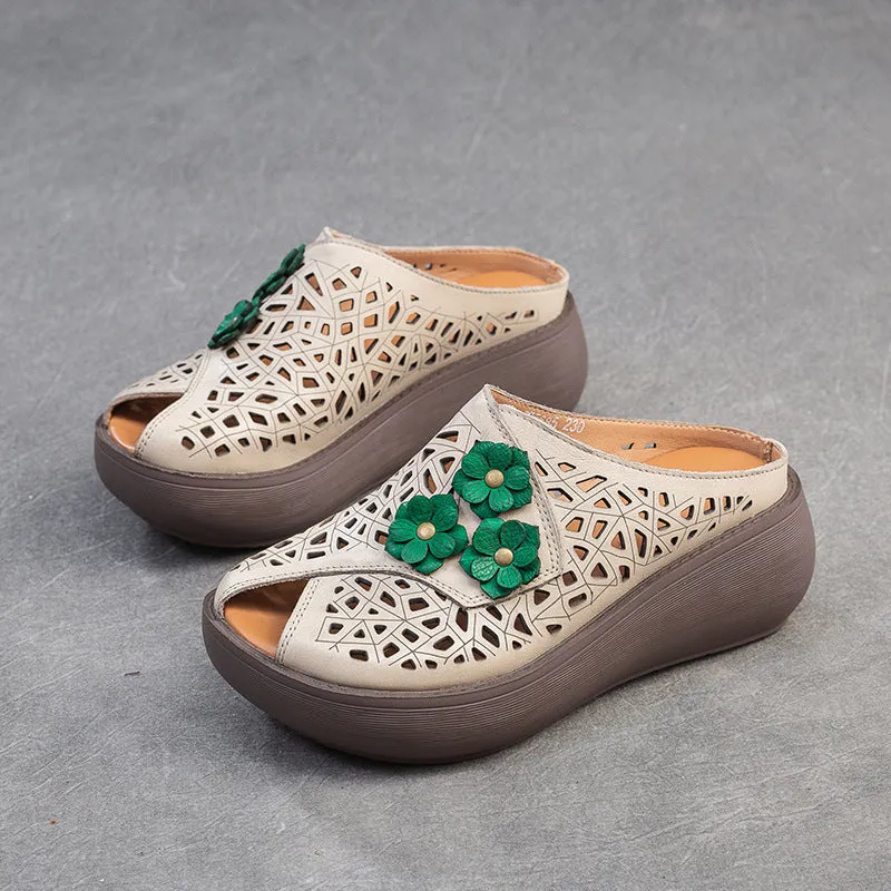 Women Peep Toe Hollow-out Leather Wedge Slippers