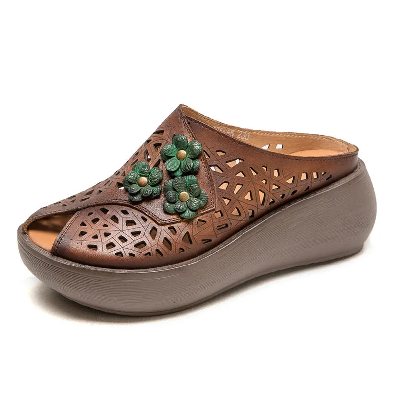 Women Peep Toe Hollow-out Leather Wedge Slippers