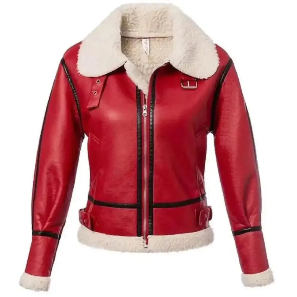 Womens Christmas Red Leather Jacket Winter Style Outwear Coat