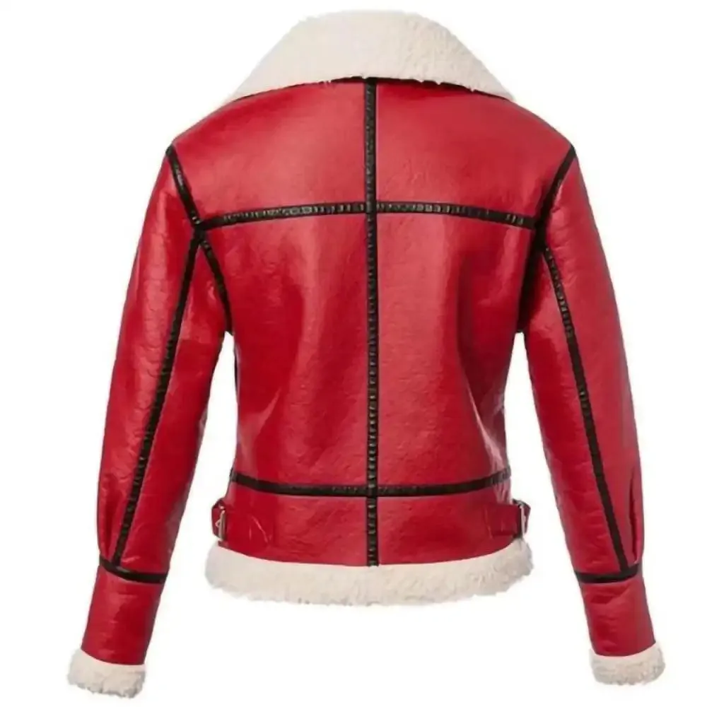Womens Christmas Red Leather Jacket Winter Style Outwear Coat