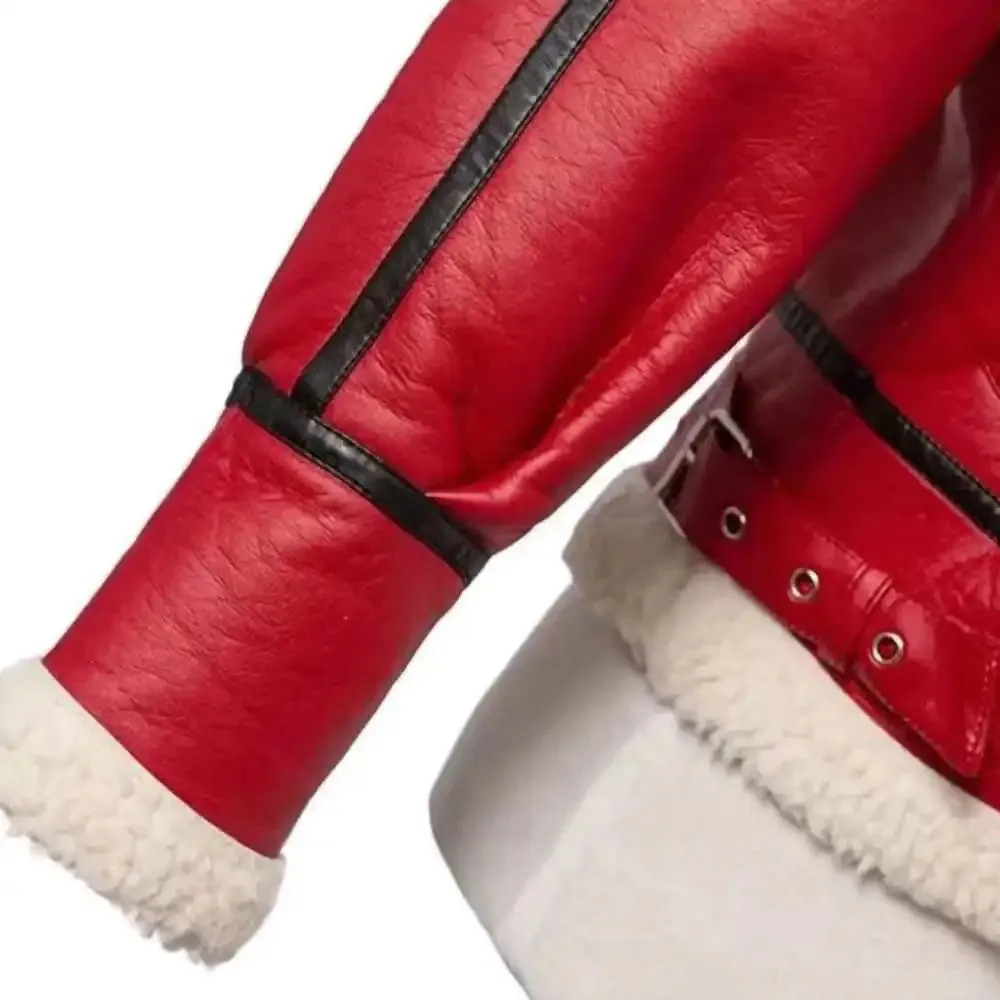 Womens Christmas Red Leather Jacket Winter Style Outwear Coat