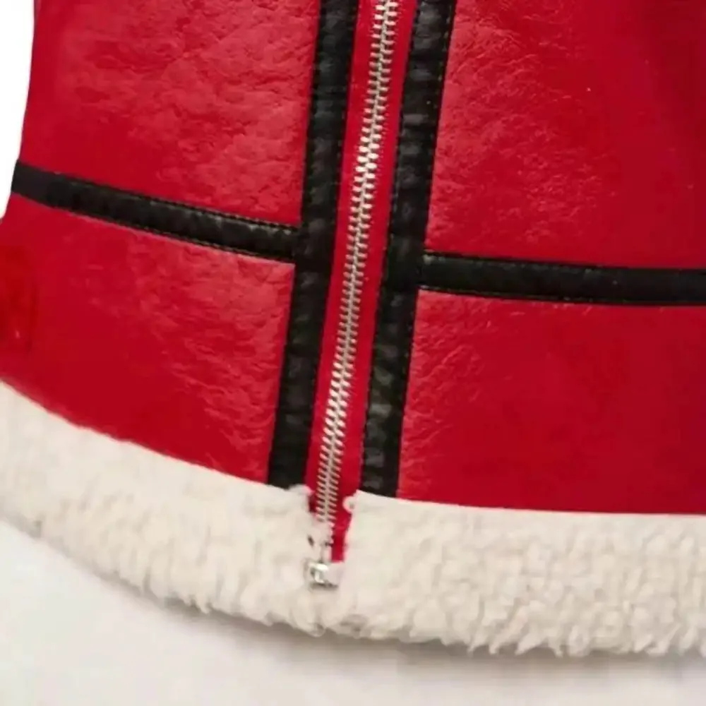 Womens Christmas Red Leather Jacket Winter Style Outwear Coat