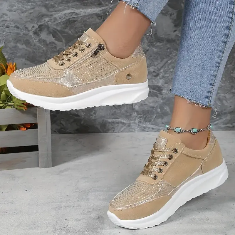 Women's Comfy Lace Up Sneakers with Dots and Zipper | Ideal for All Seasons