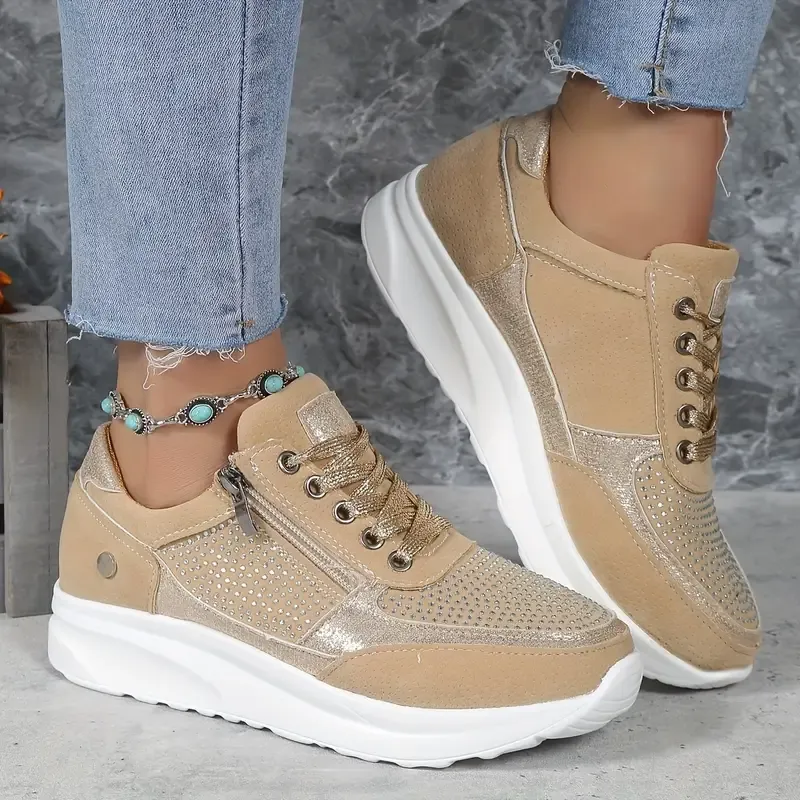 Women's Comfy Lace Up Sneakers with Dots and Zipper | Ideal for All Seasons