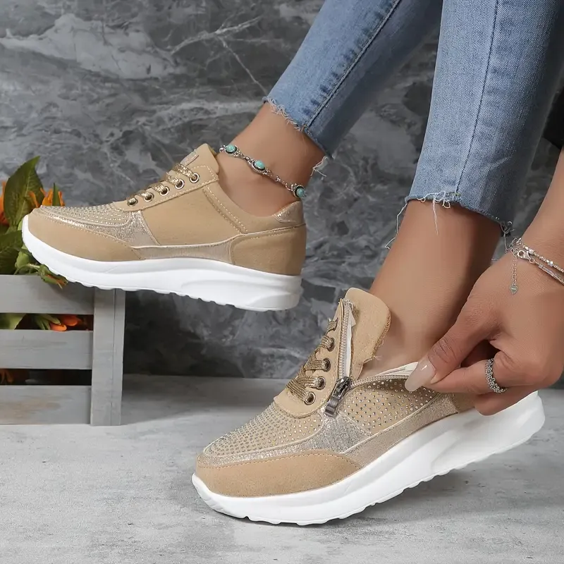 Women's Comfy Lace Up Sneakers with Dots and Zipper | Ideal for All Seasons