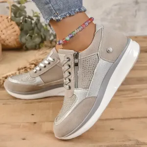 Women's Comfy Lace Up Sneakers with Dots and Zipper | Ideal for All Seasons
