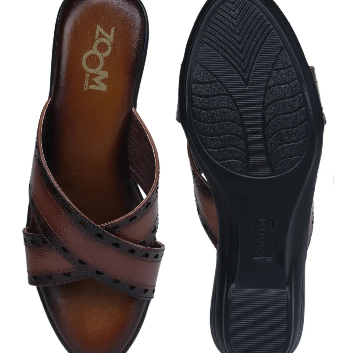 Women’s Leather Slippers 9145 – Gradient Texture with Brogue Detailing & Wedge Heel
