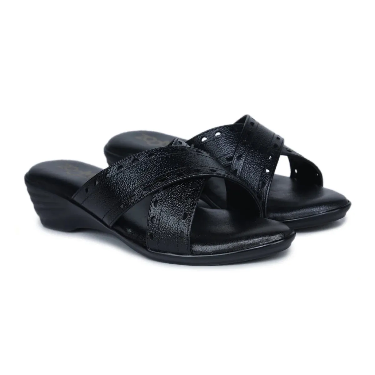 Women’s Leather Slippers 9145 – Gradient Texture with Brogue Detailing & Wedge Heel