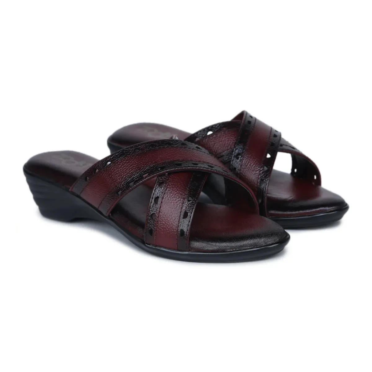 Women’s Leather Slippers 9145 – Gradient Texture with Brogue Detailing & Wedge Heel