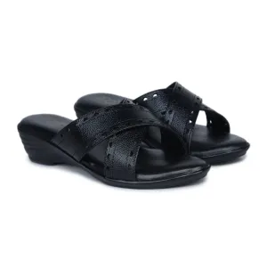 Women’s Leather Slippers 9145 – Gradient Texture with Brogue Detailing & Wedge Heel