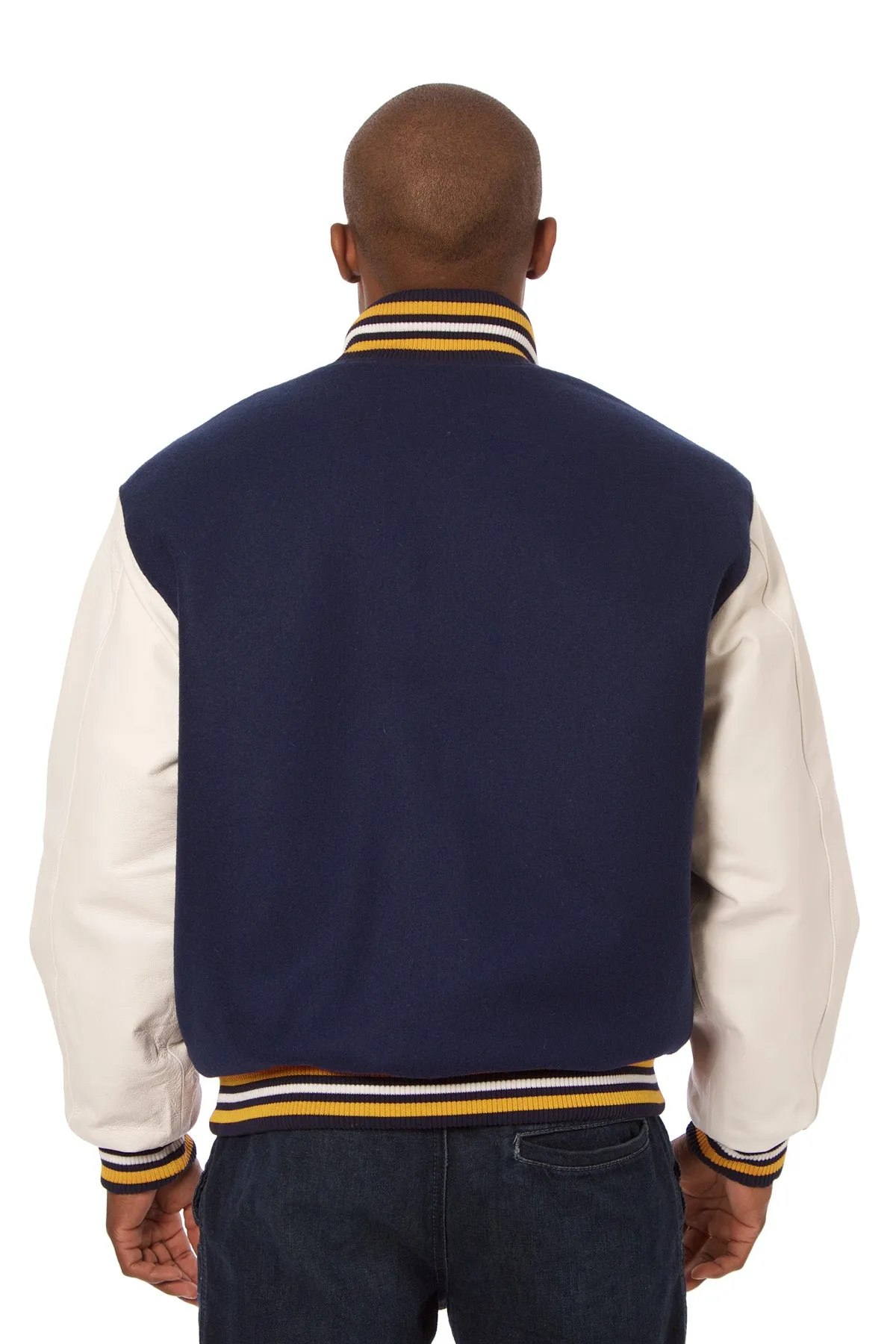 Wool and Leather Varsity Jacket in Navy and White