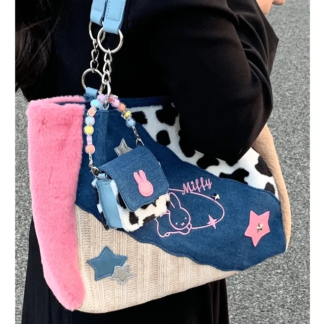 Y2K Miffy Plush Denim Patchwork Shoulder Bag