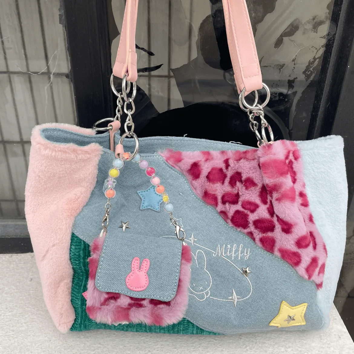 Y2K Miffy Plush Denim Patchwork Shoulder Bag