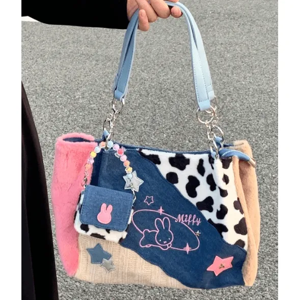 Y2K Miffy Plush Denim Patchwork Shoulder Bag