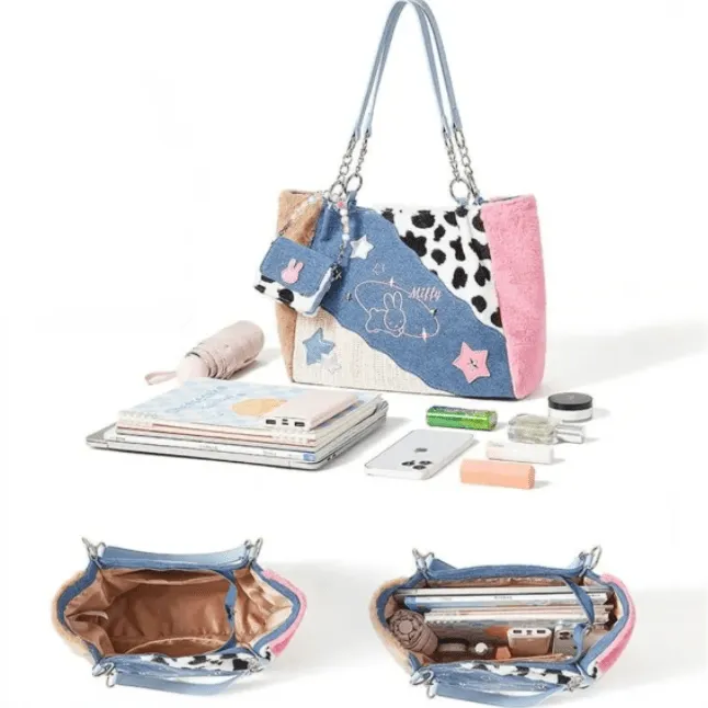 Y2K Miffy Plush Denim Patchwork Shoulder Bag