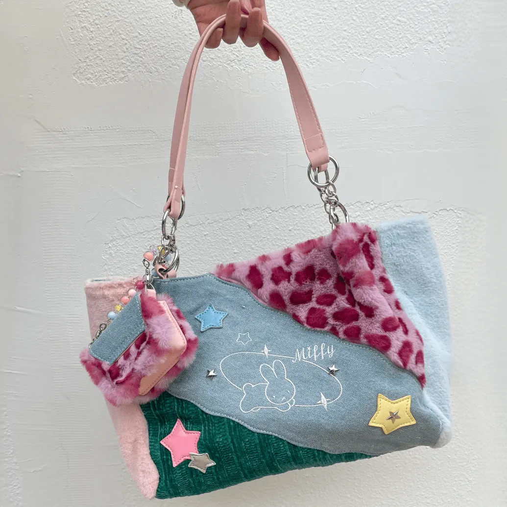 Y2K Miffy Plush Denim Patchwork Shoulder Bag