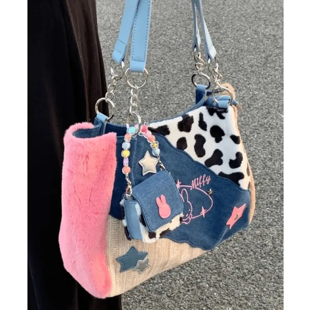 Y2K Miffy Plush Denim Patchwork Shoulder Bag