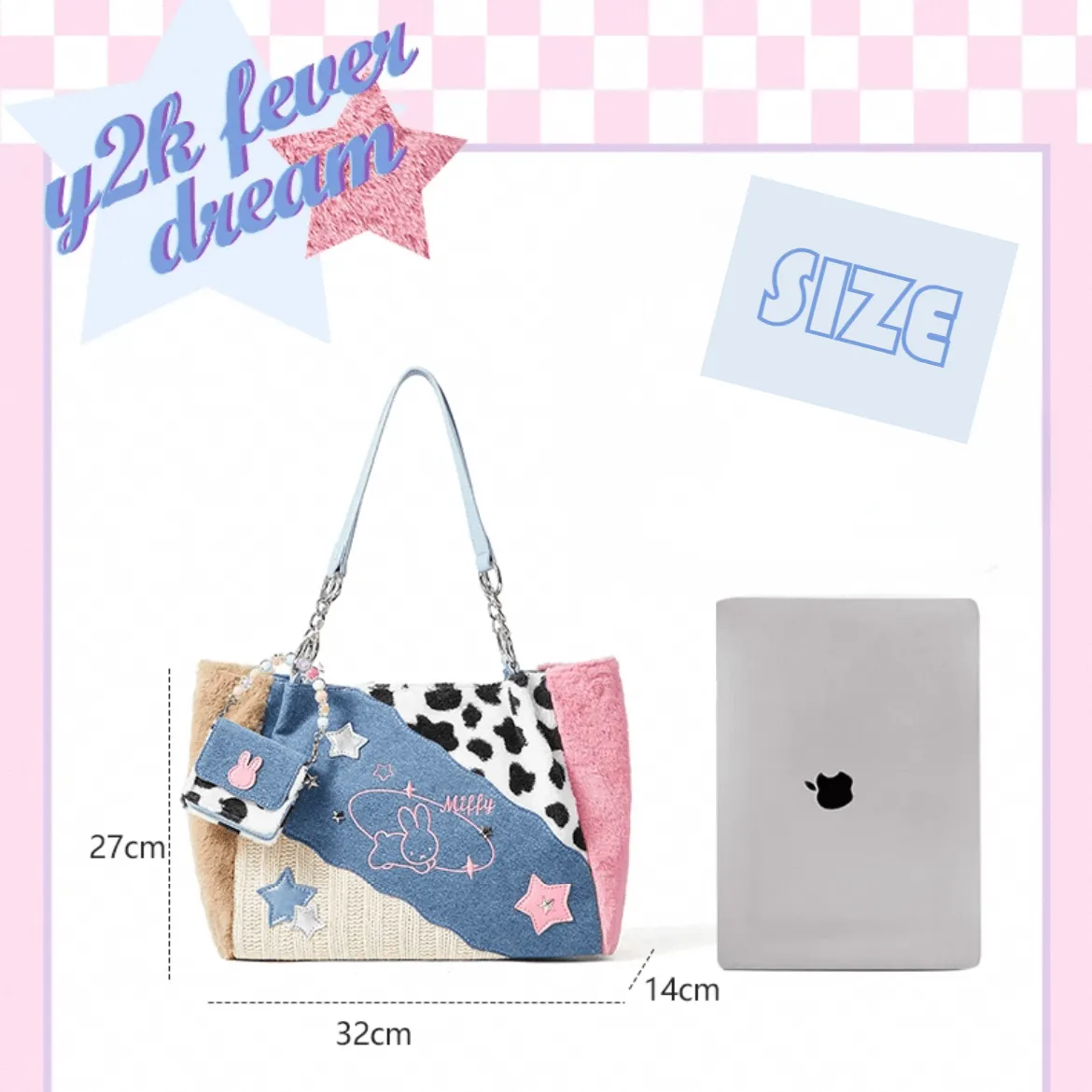 Y2K Miffy Plush Denim Patchwork Shoulder Bag