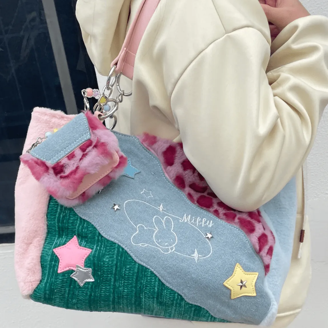 Y2K Miffy Plush Denim Patchwork Shoulder Bag